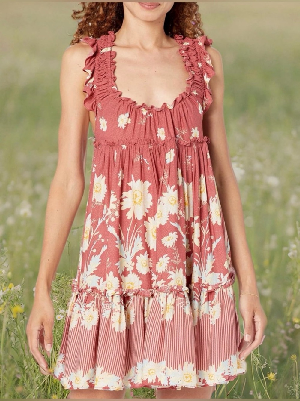 Intimately Free People Bali Wild Daisy‎ Slip Red Floral Ruffled Viscose Dress XS